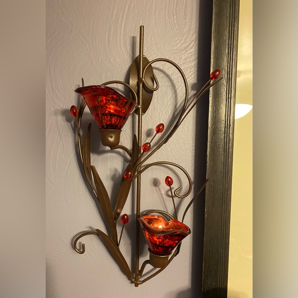 Lot of 2 Ruby Blossom tea-light / votive candle holder decorative wall sconces